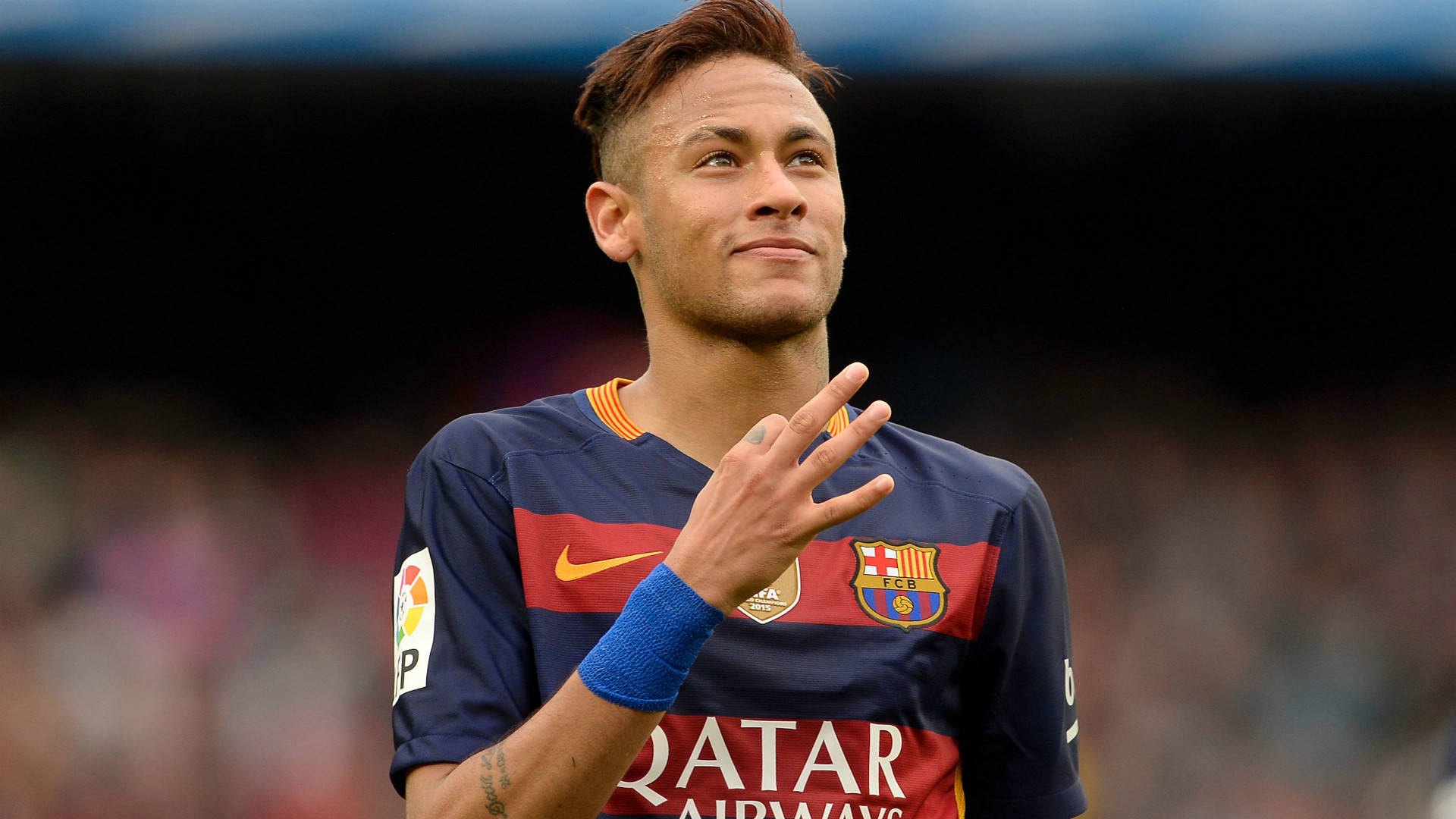 Neymar Celebrating A Goal In Fc Barcelona Background