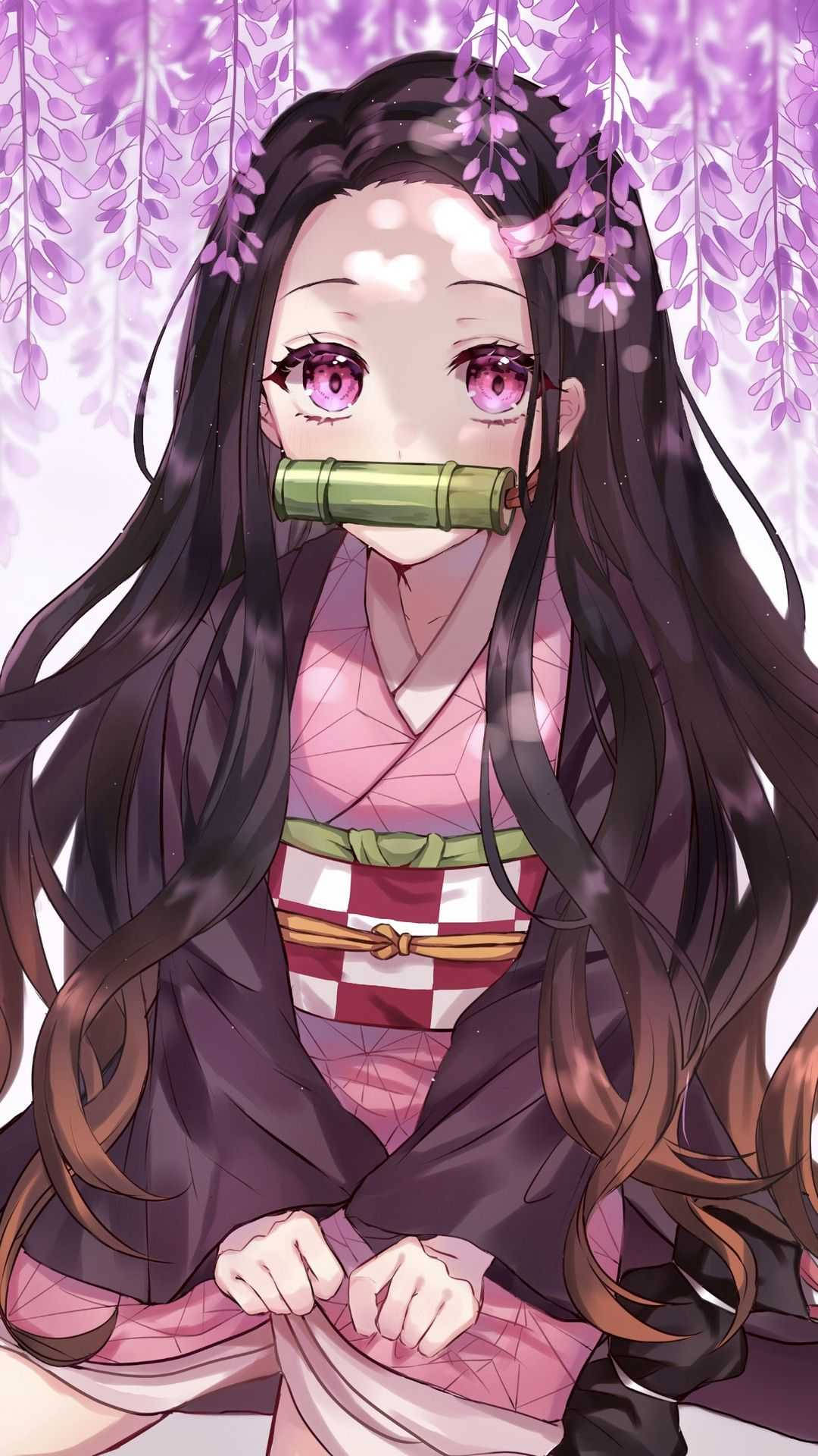Nezuko Phone Purple Leaves Background