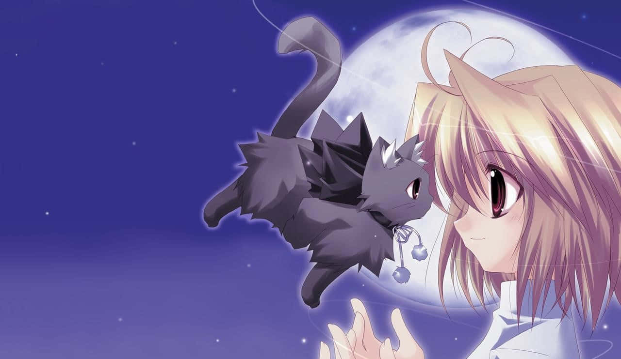 Nice Anime Girl Flying Cat Background