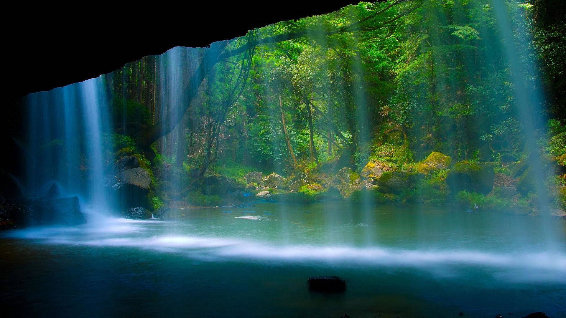 Nice Blue Waterfalls And Forest Background
