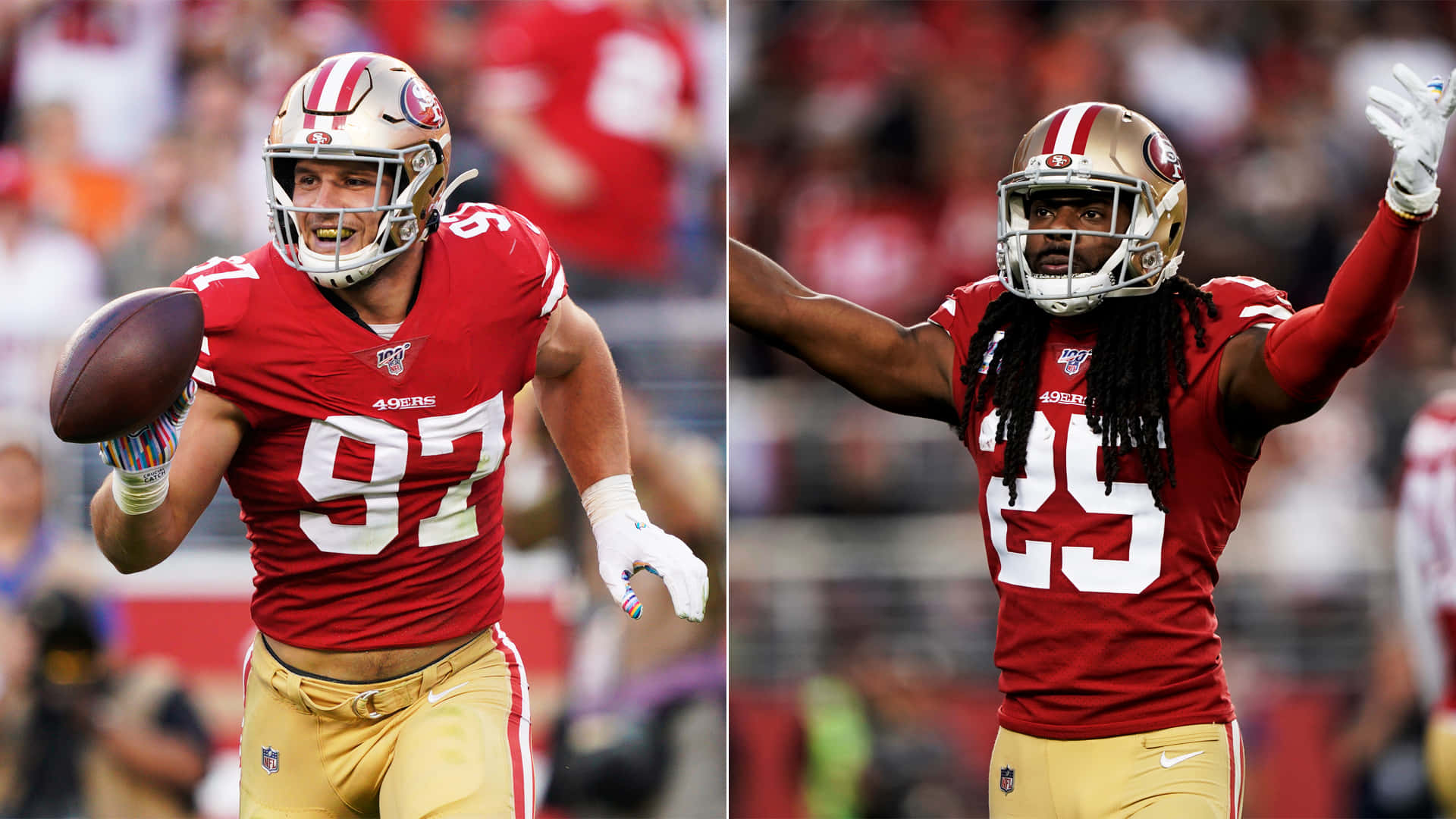 Nick Bosa Celebrates A Play On The Field Background