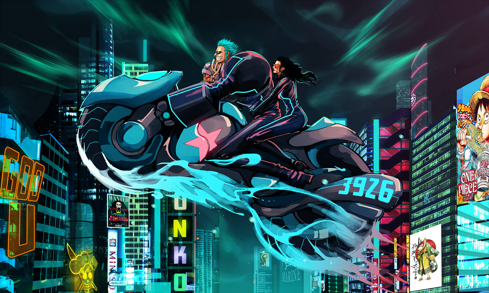 Nico Robin One Piece Cyberpunk Motorbike Background