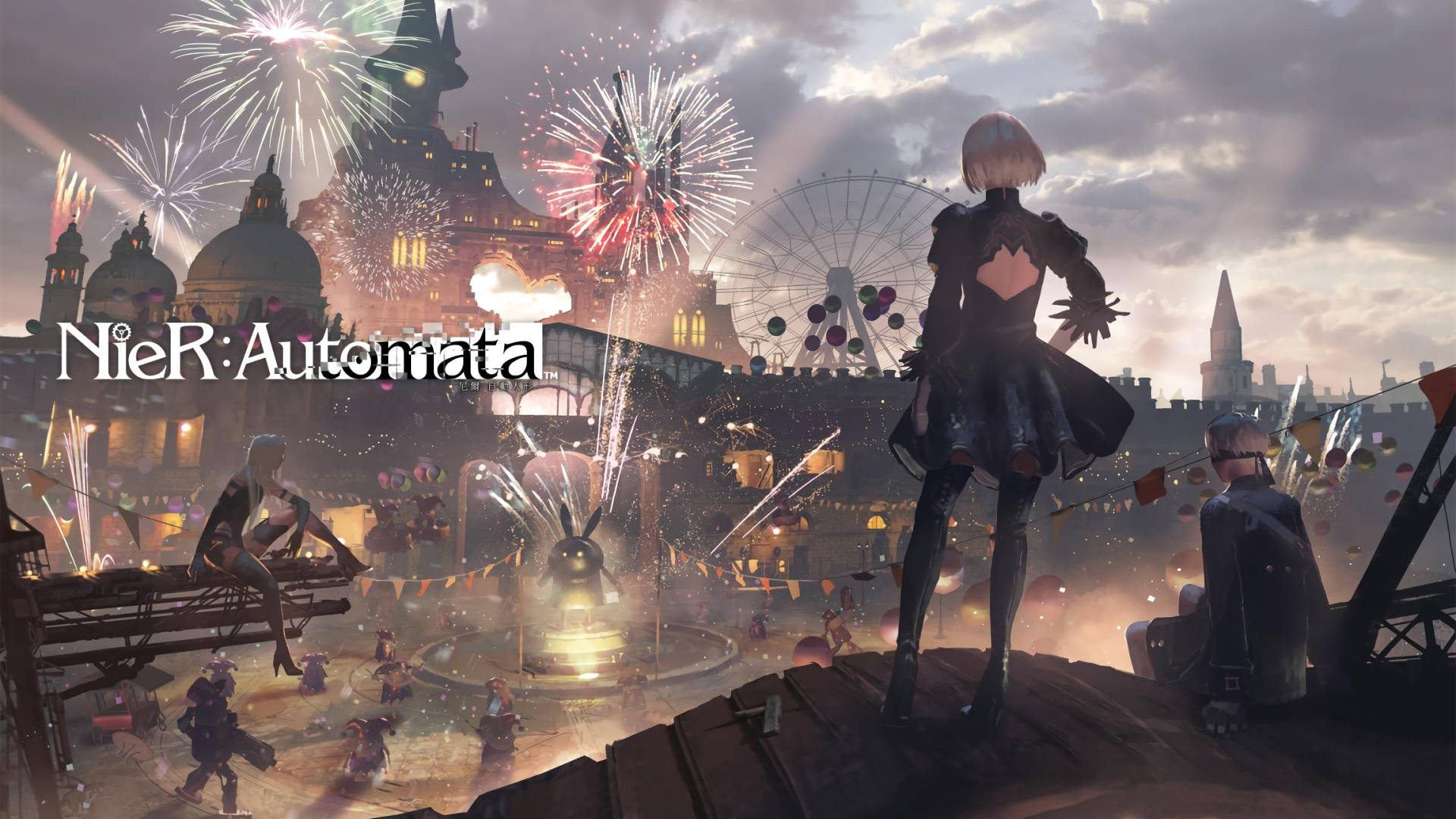 Nier Automata 2b, 9s And A2 On The Carnival Background
