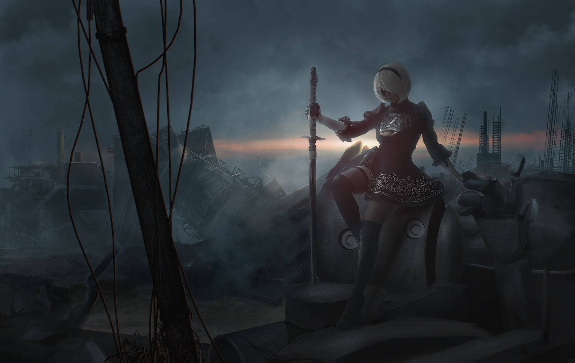 Nier Automata 2b And Sunset Background