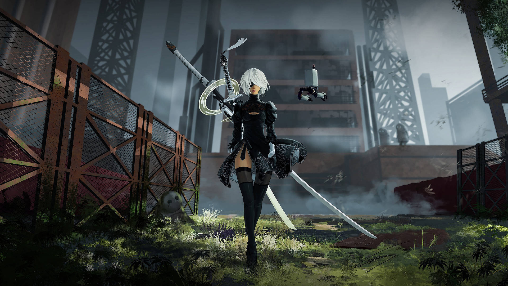 Nier Automata 2b In Rooftop Background