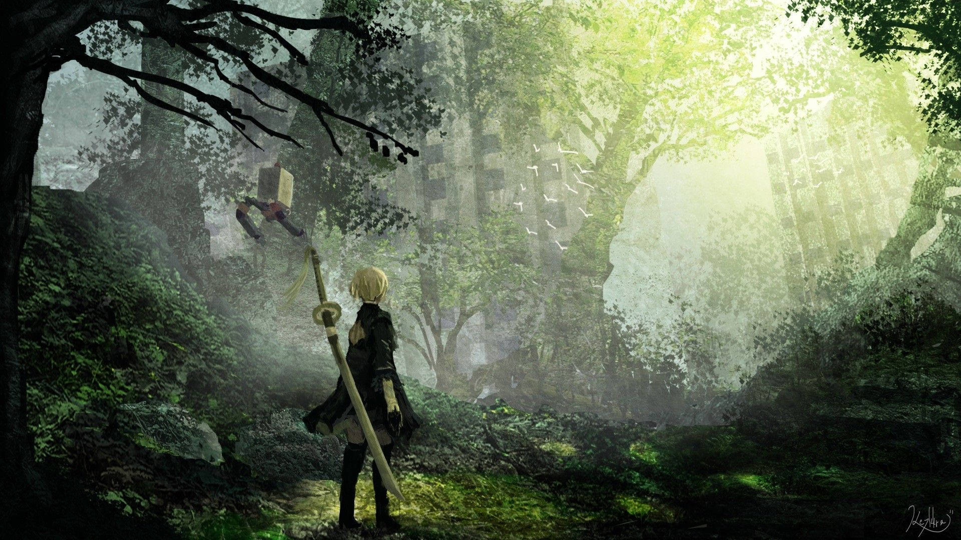 Nier Automata 2b Inside A Forest Background