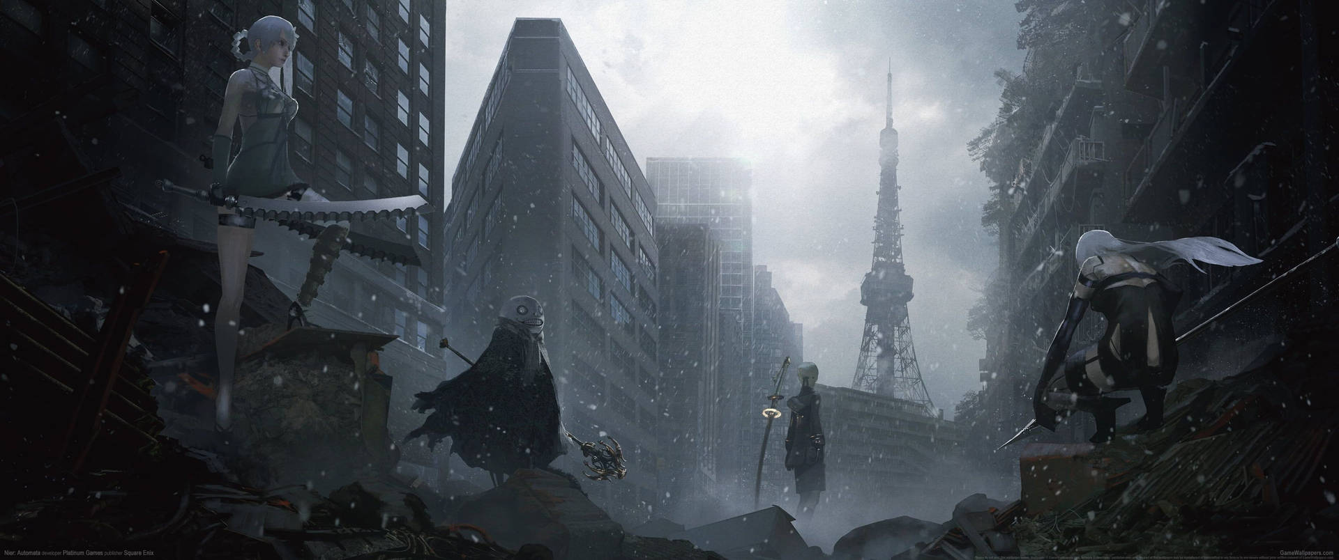 Nier Automata Characters And Tokyo Tower Background