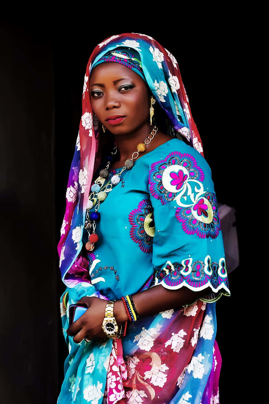 Nigerian Woman Blue Floral Dress