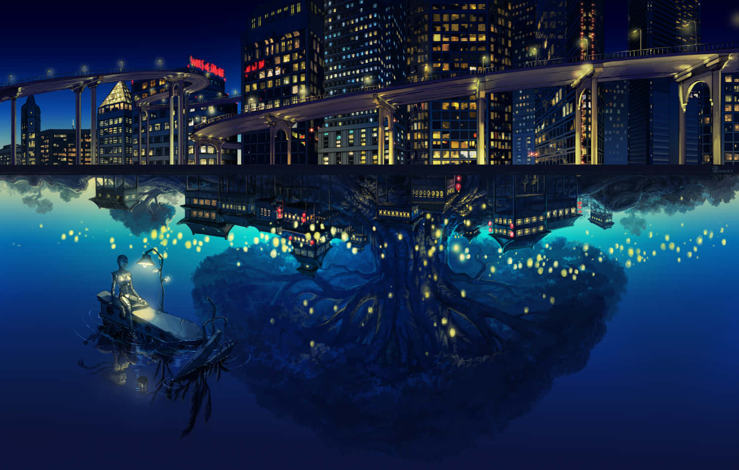 Night Anime River Reflects The City