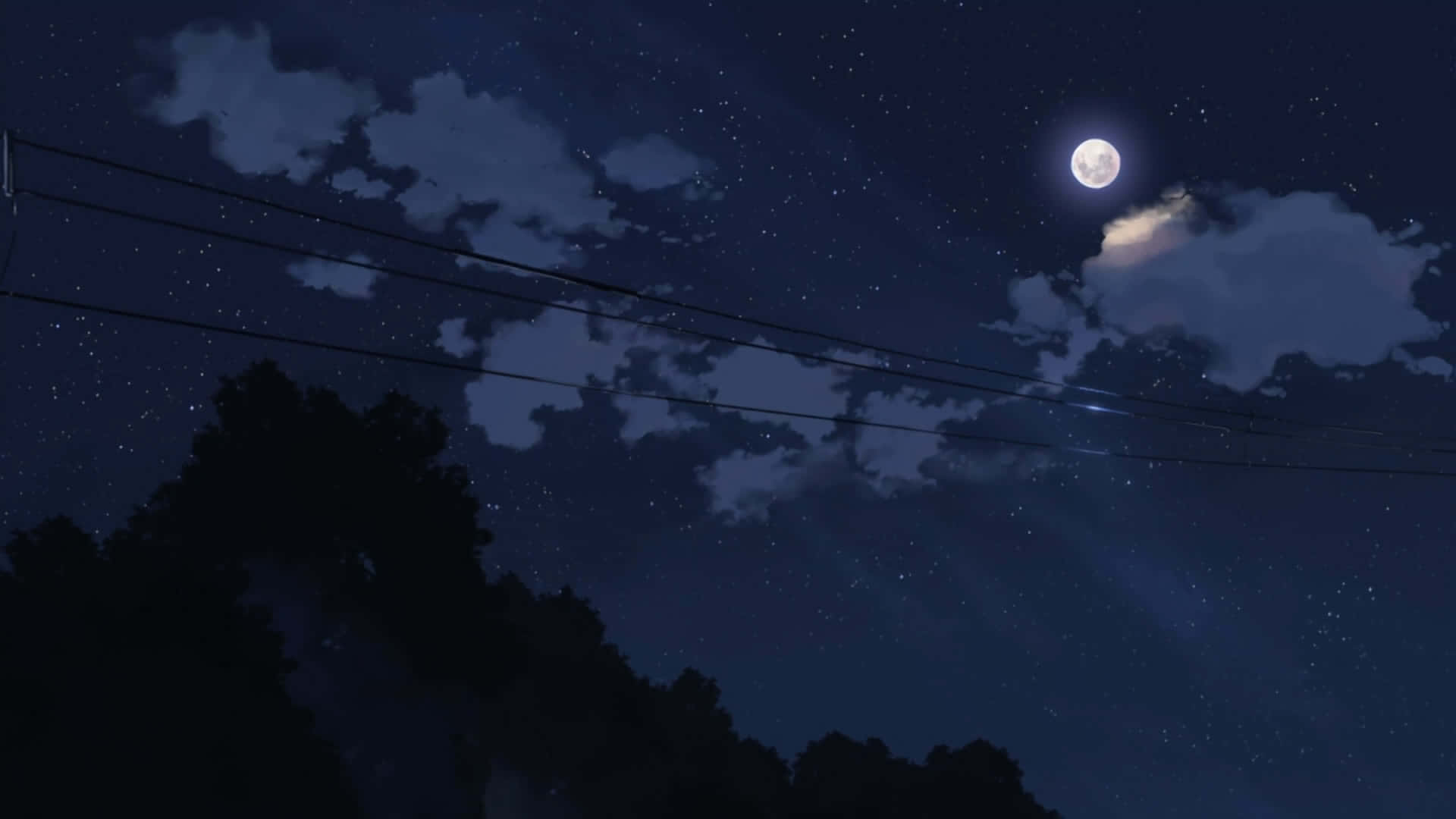 Night Anime Sky Features Electrical Cables And Trees