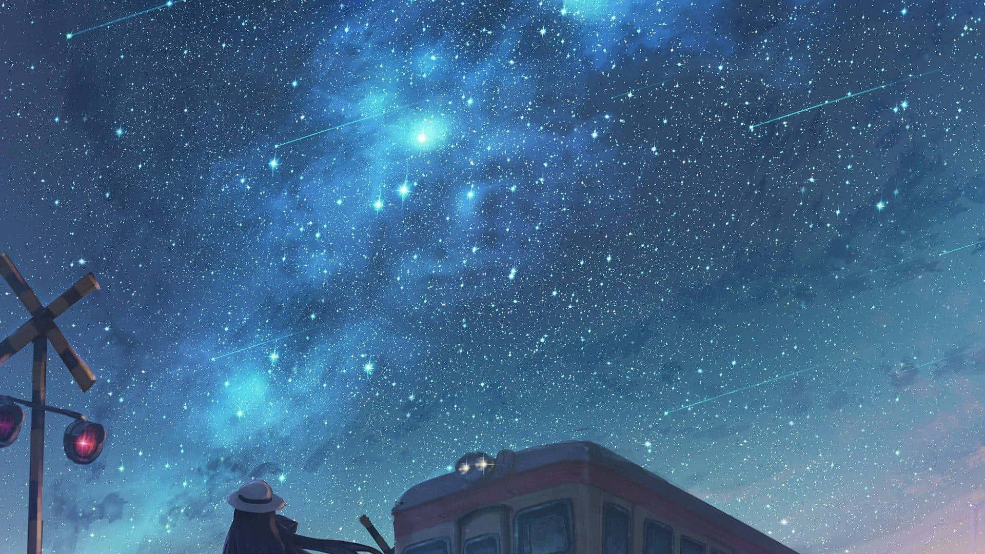Night Anime Sky Filled With Shooting Stars