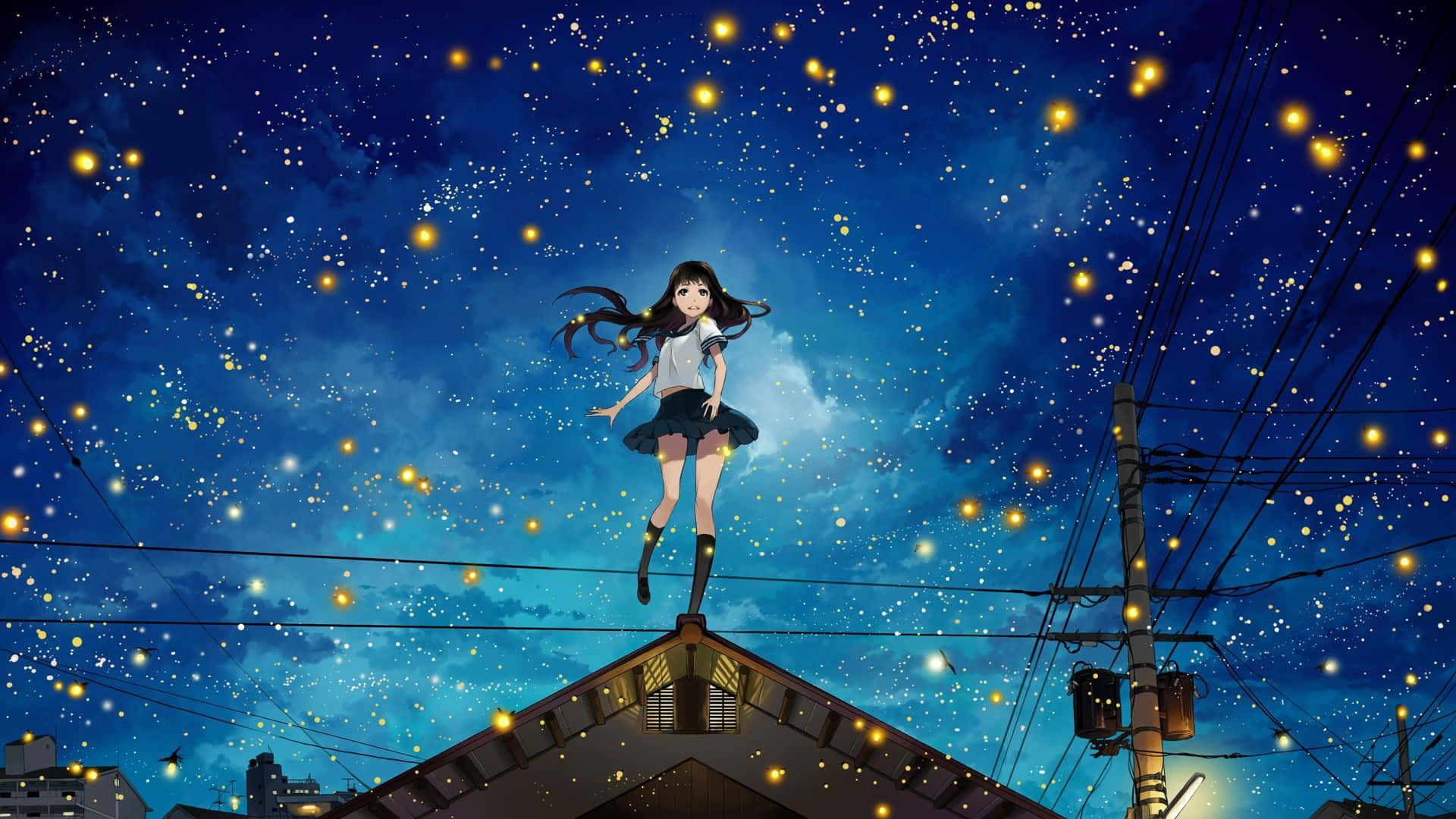 Night Anime Sky With Fireflies Background
