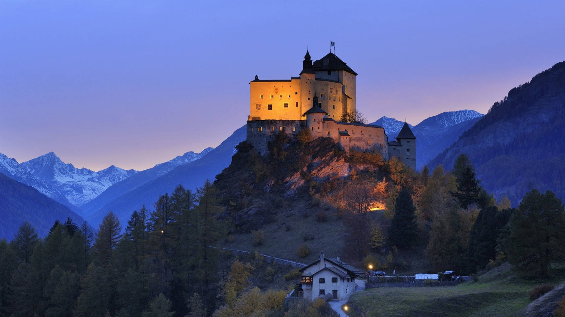 Night At Tarasp Castle Switzerland Background