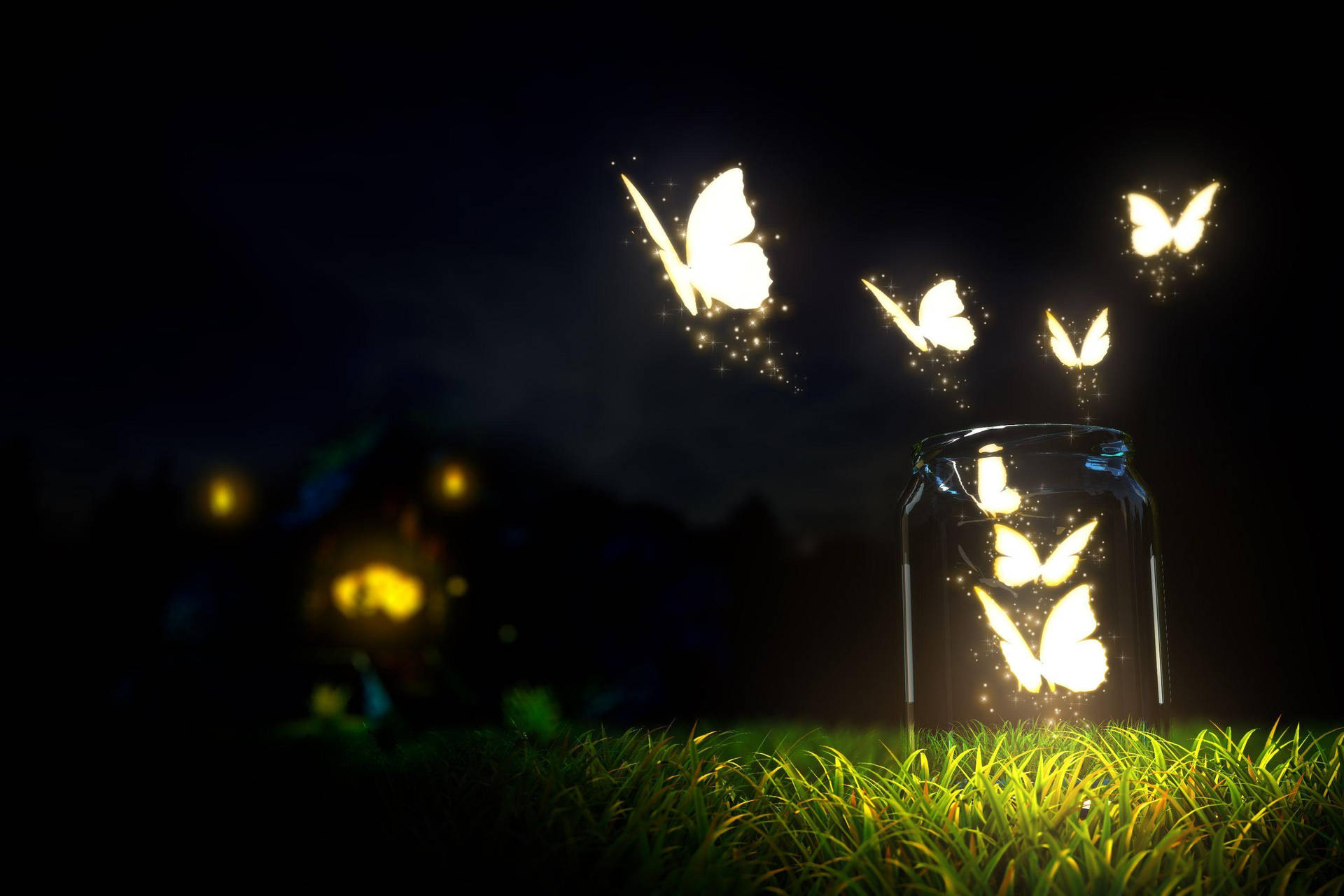 Night Butterfly In A Glass Jar Background