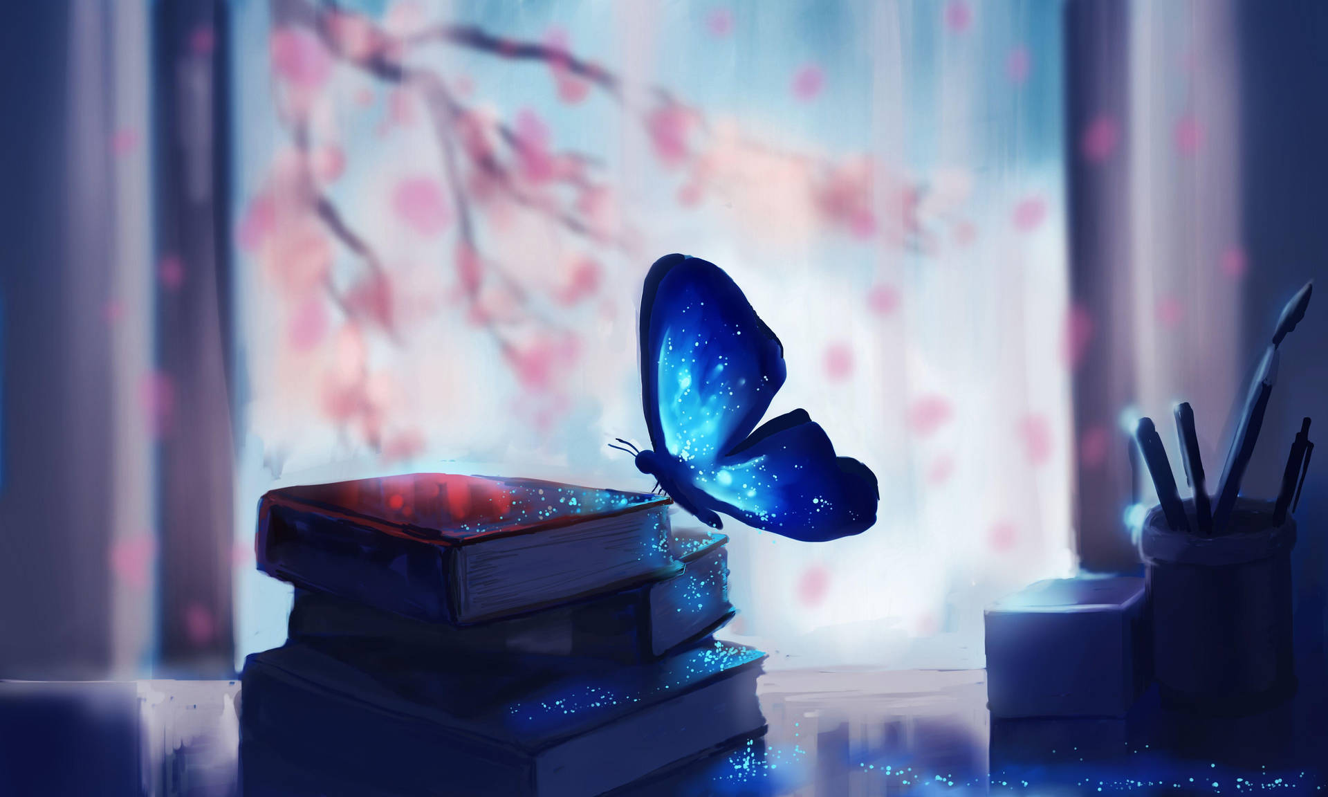 Night Butterfly On Books Background