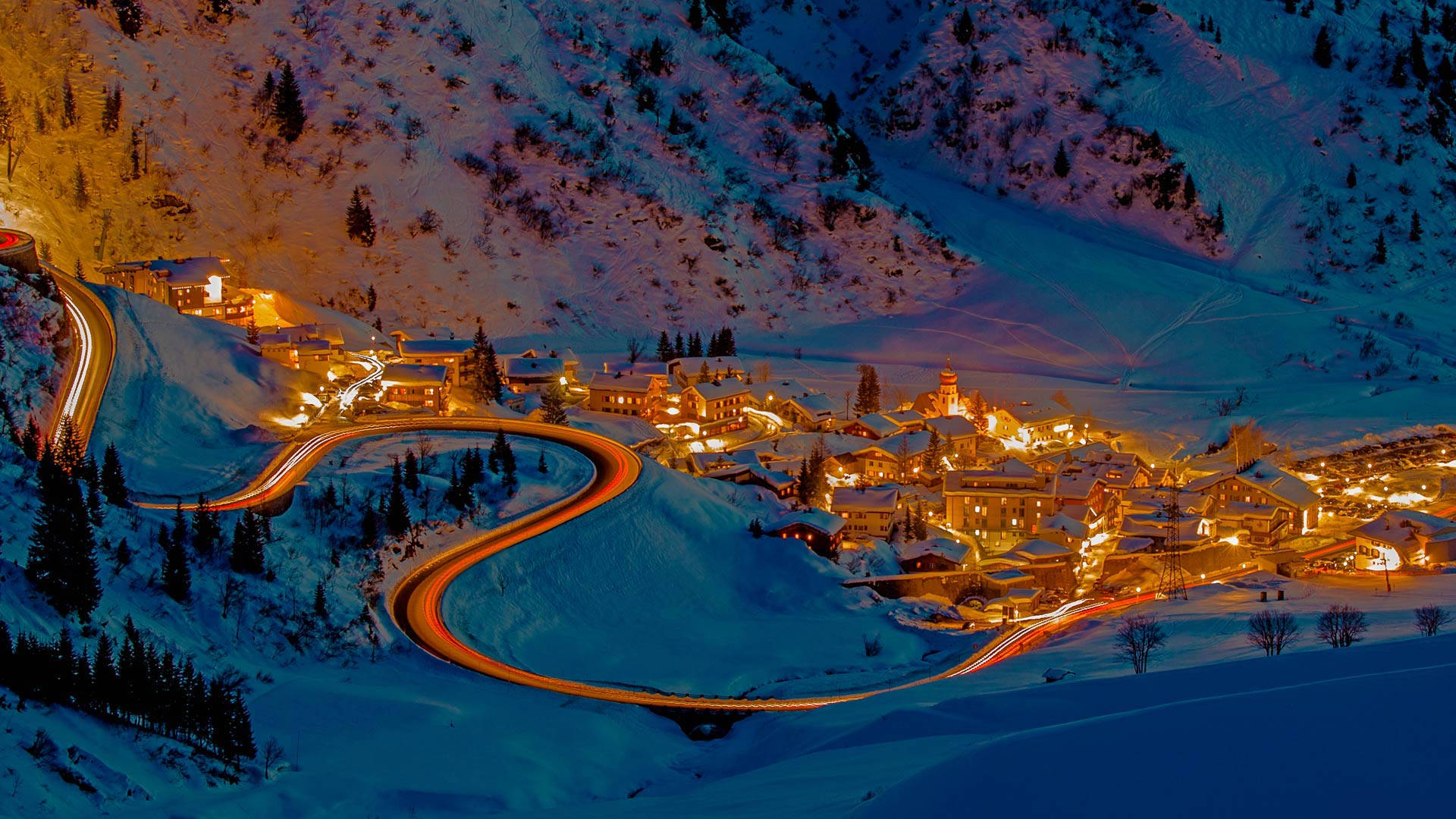 Night Lights On Snow Mountain Bing Background