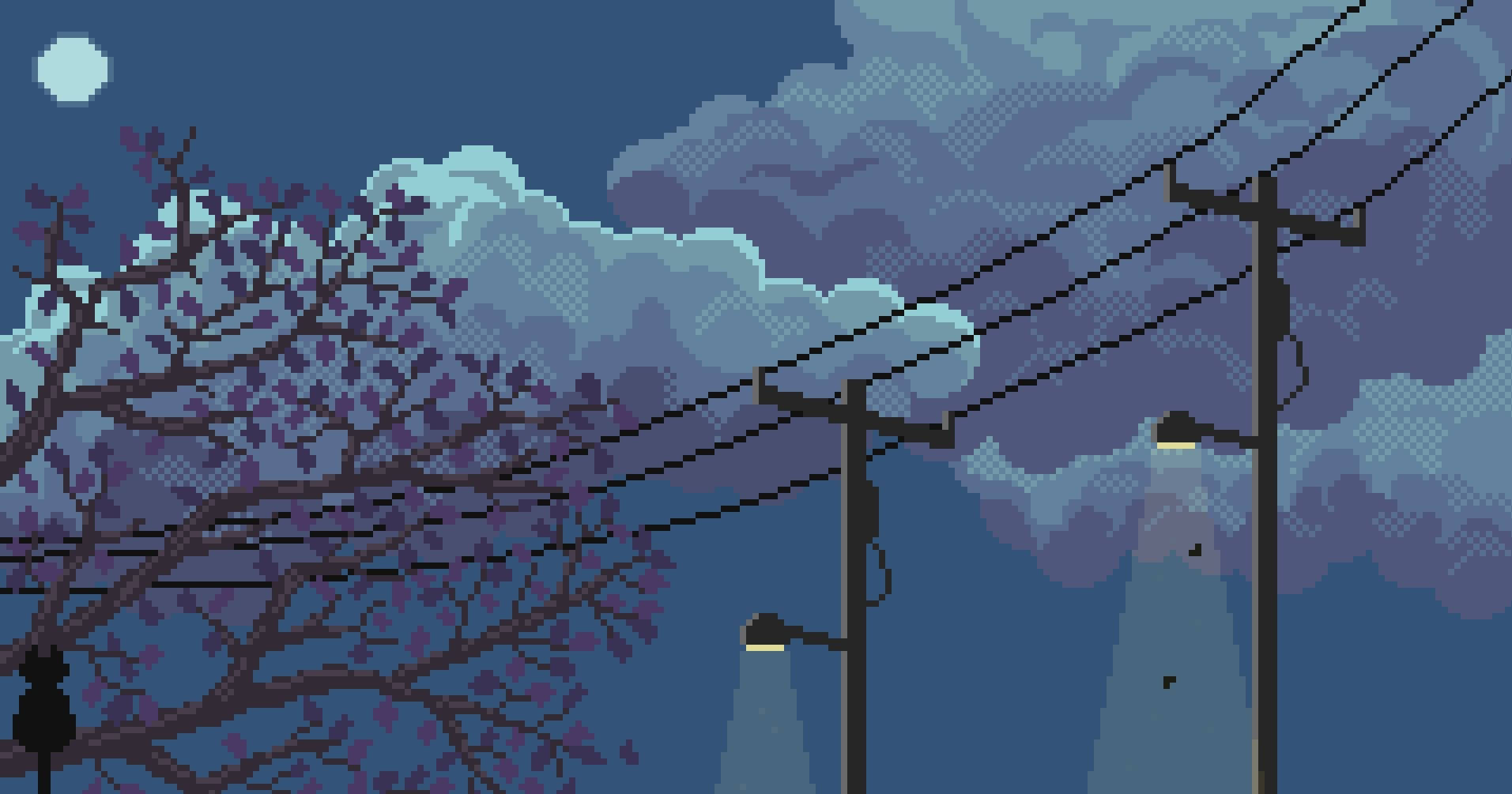 Night Scene And Dense Clouds Aesthetic Pixel Art Hd Background