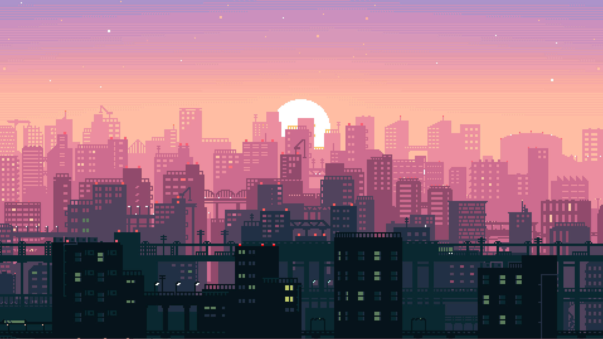 Night Sky Pixel City Background Background