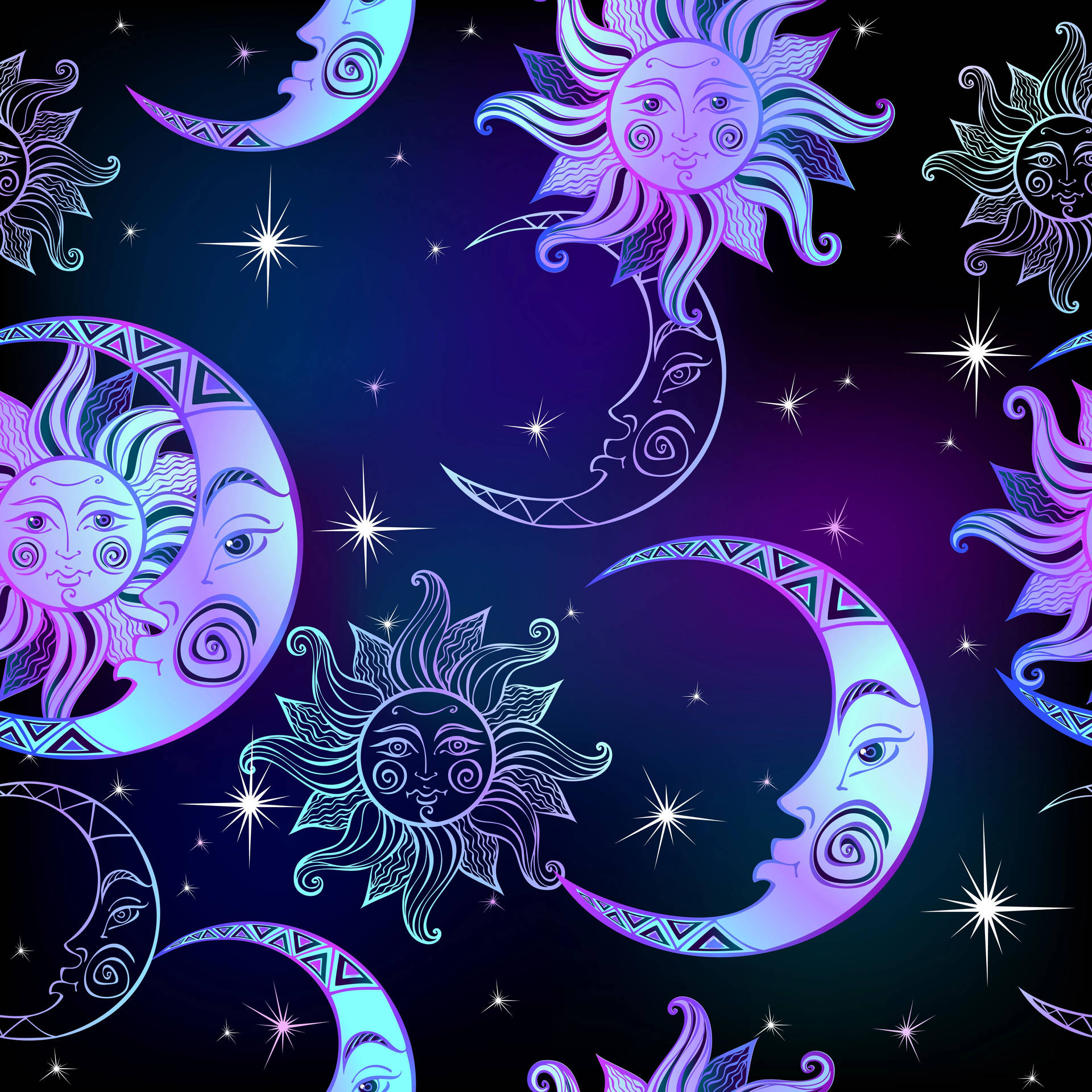 Night Sun, Moon, And Stars Background