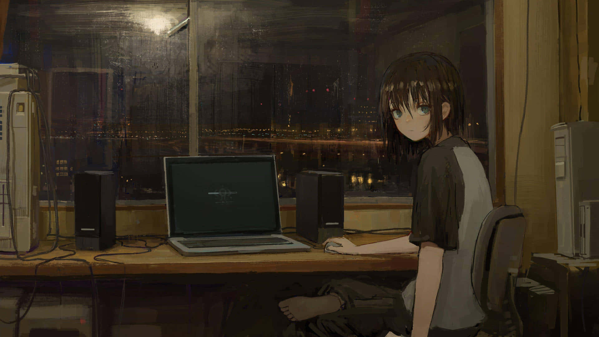 Nighttime Anime Laptop Scene Background