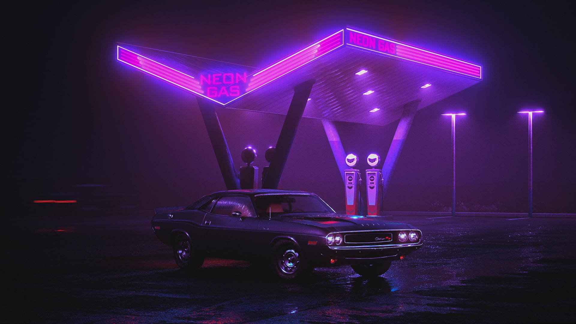 Nighttime Elegance: Glossy Black Car Under Neon Purple Gas Station Lights