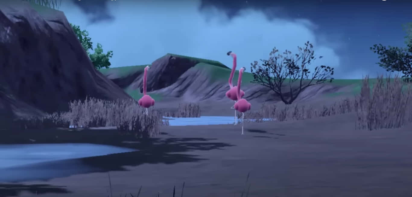 Nighttime Flamingosin Virtual Wetlands Background