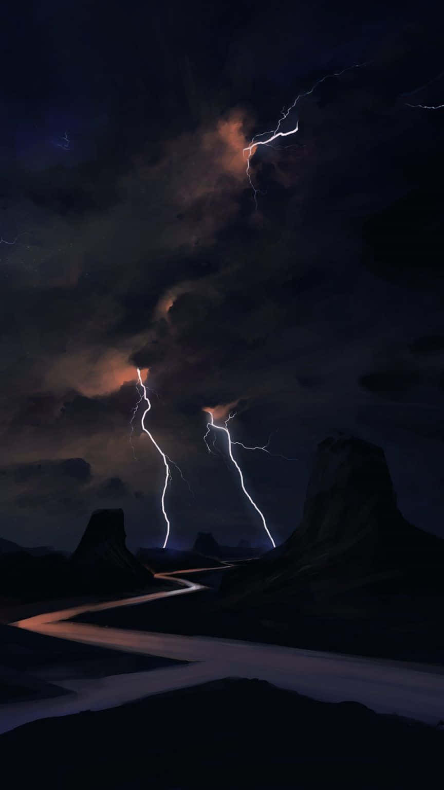 Nighttime Lightning Strike Desert Road Background