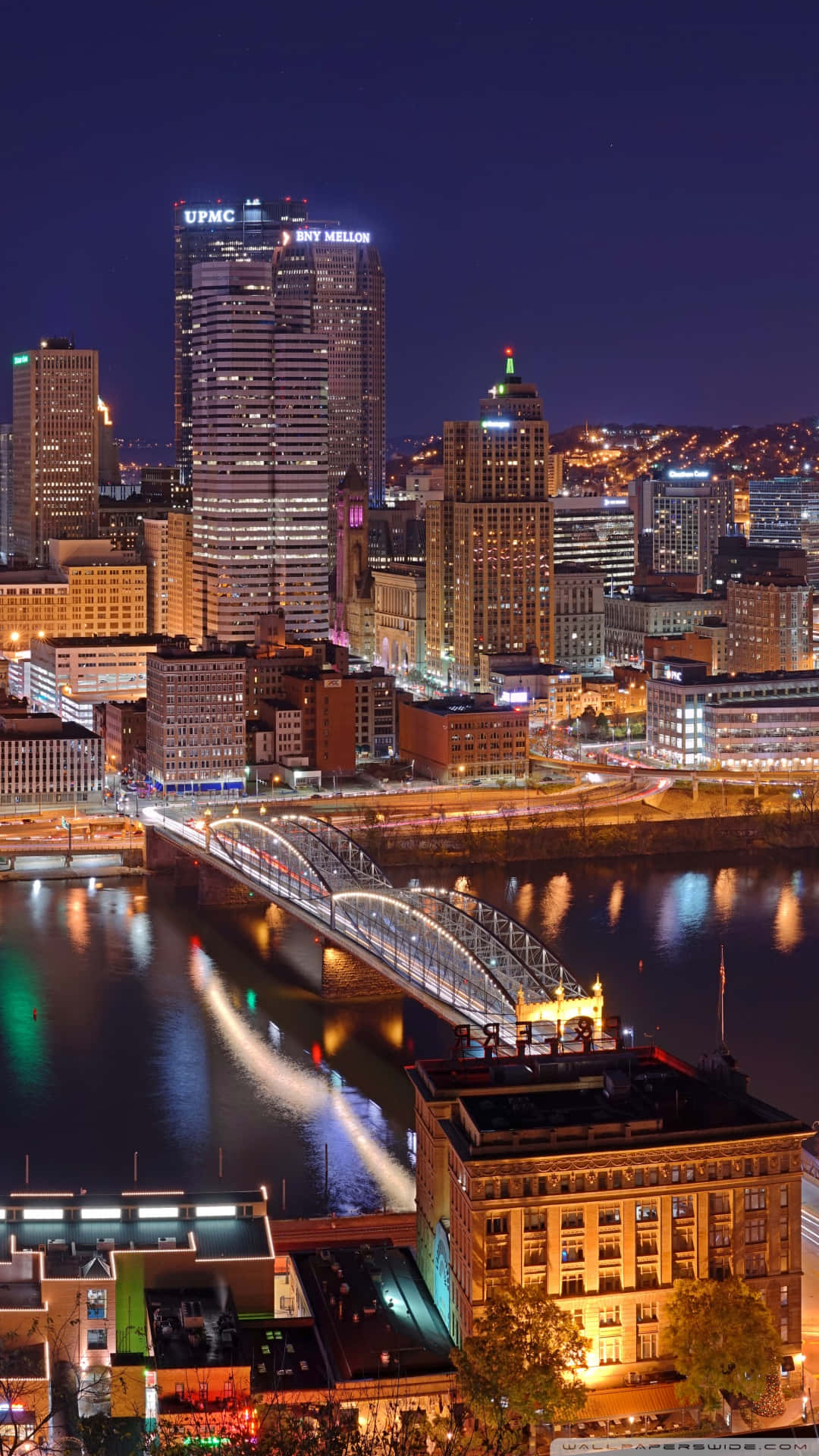 Nighttime Pittsburgh Skyline Bridge Crossing Background