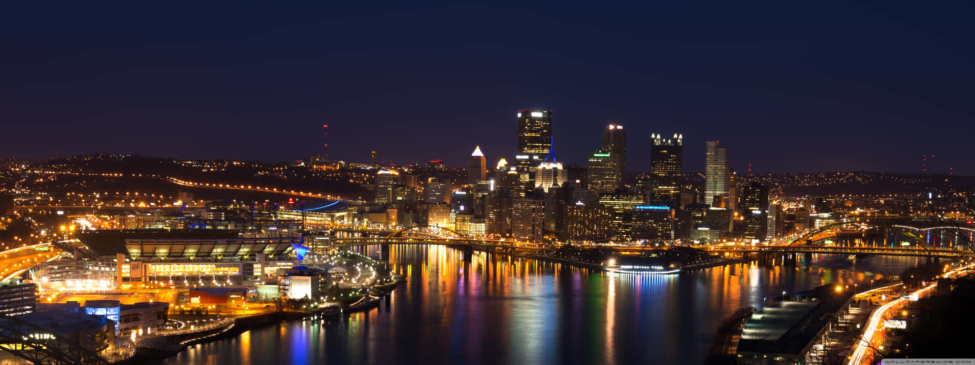 Nighttime Pittsburgh Skyline Ohio River Entryway Background