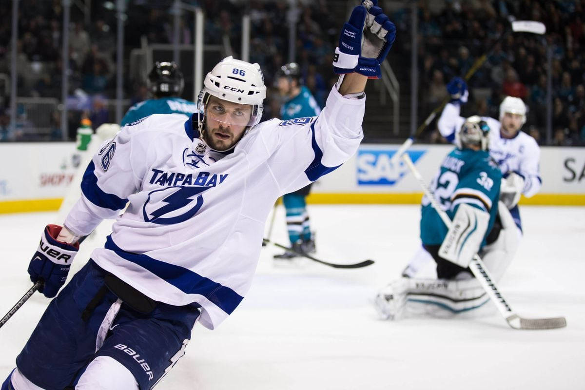 Nikita Kucherov In White Tampa Bay Lightning Jersey