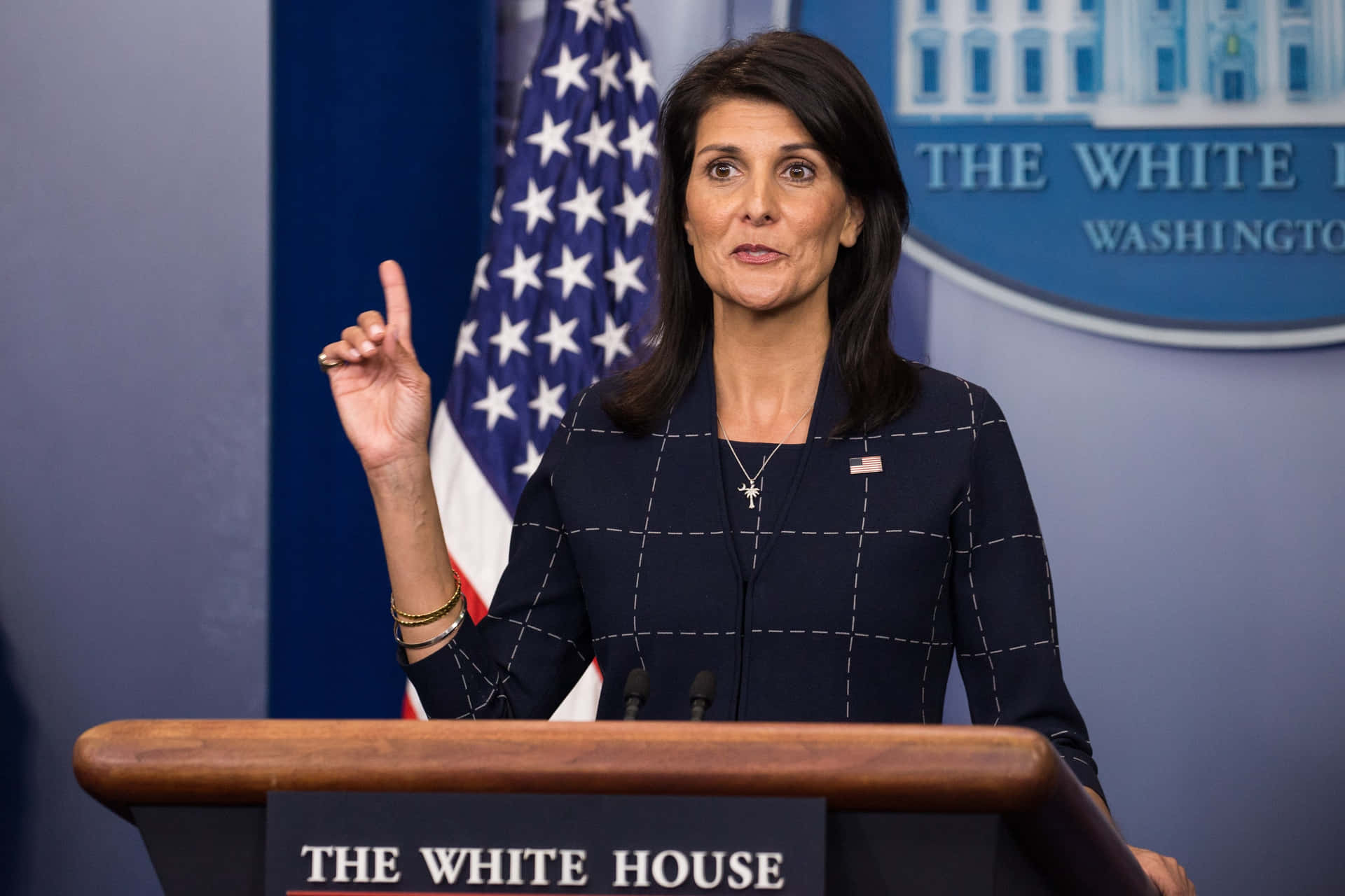 Nikki Haley Posing At The White House Background