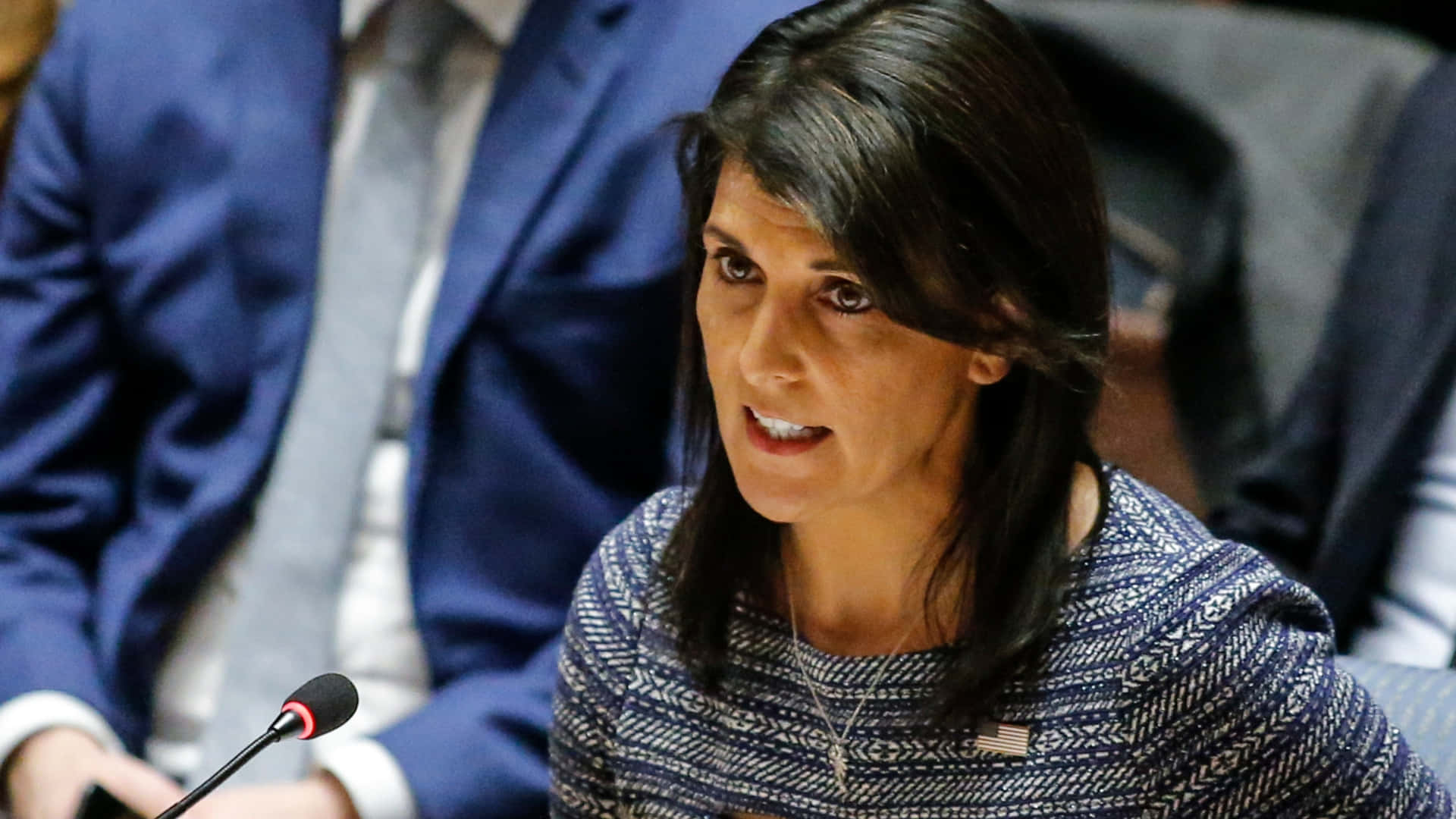 Nikki Haley Posing In A Chic Gray Top Background
