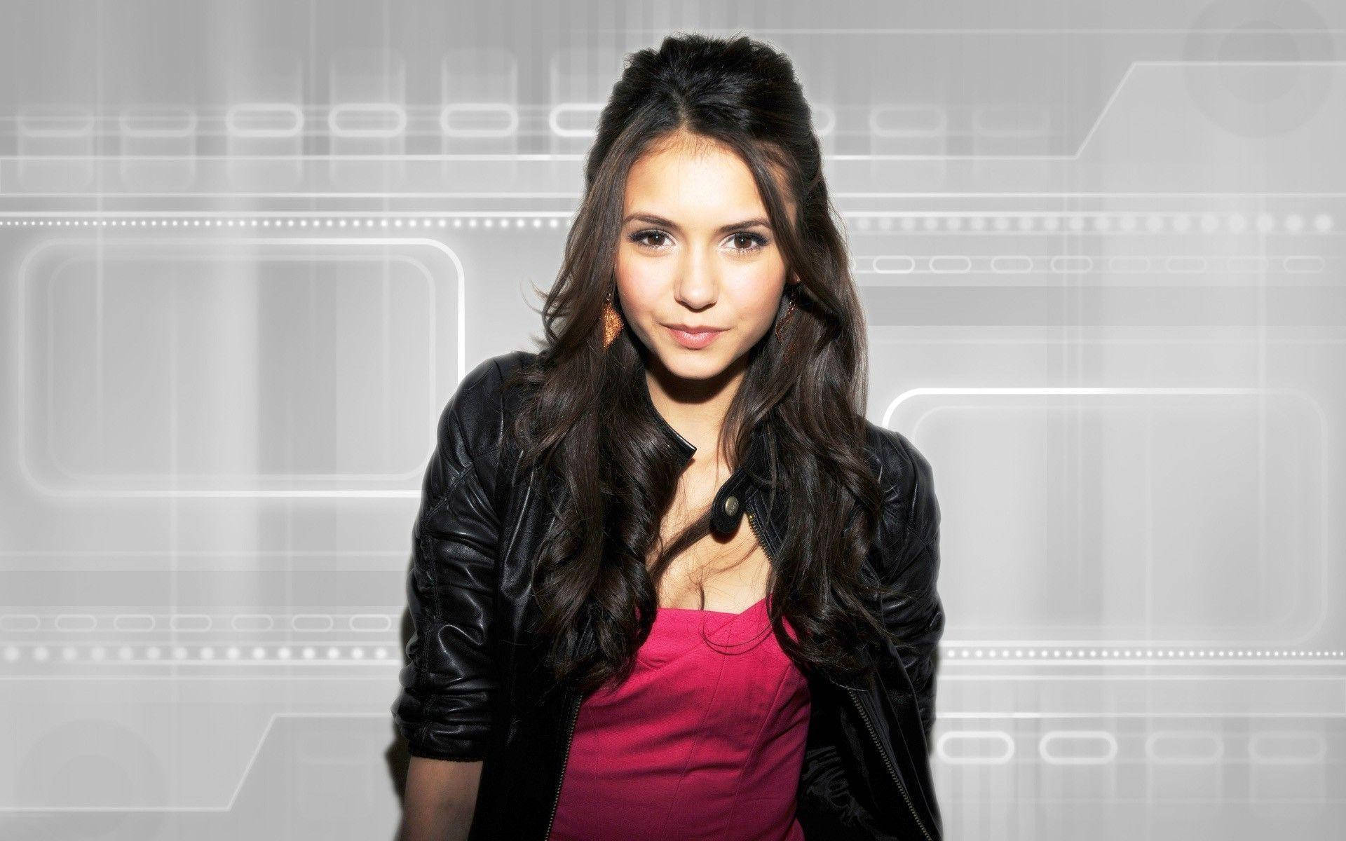 Nina Dobrev With Leather Jacket Background