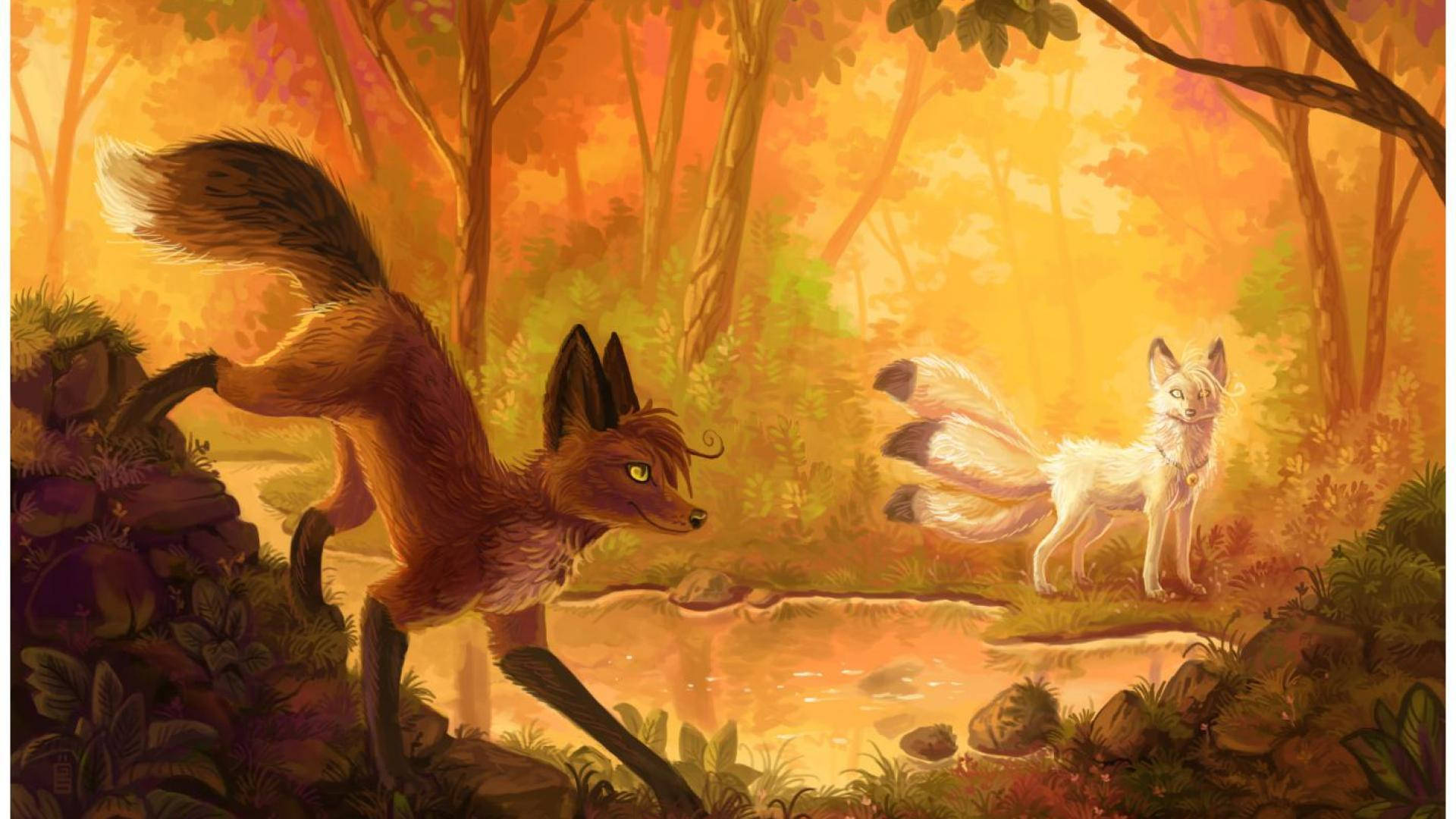 Nine-tailed Kitsune In The Forest Background