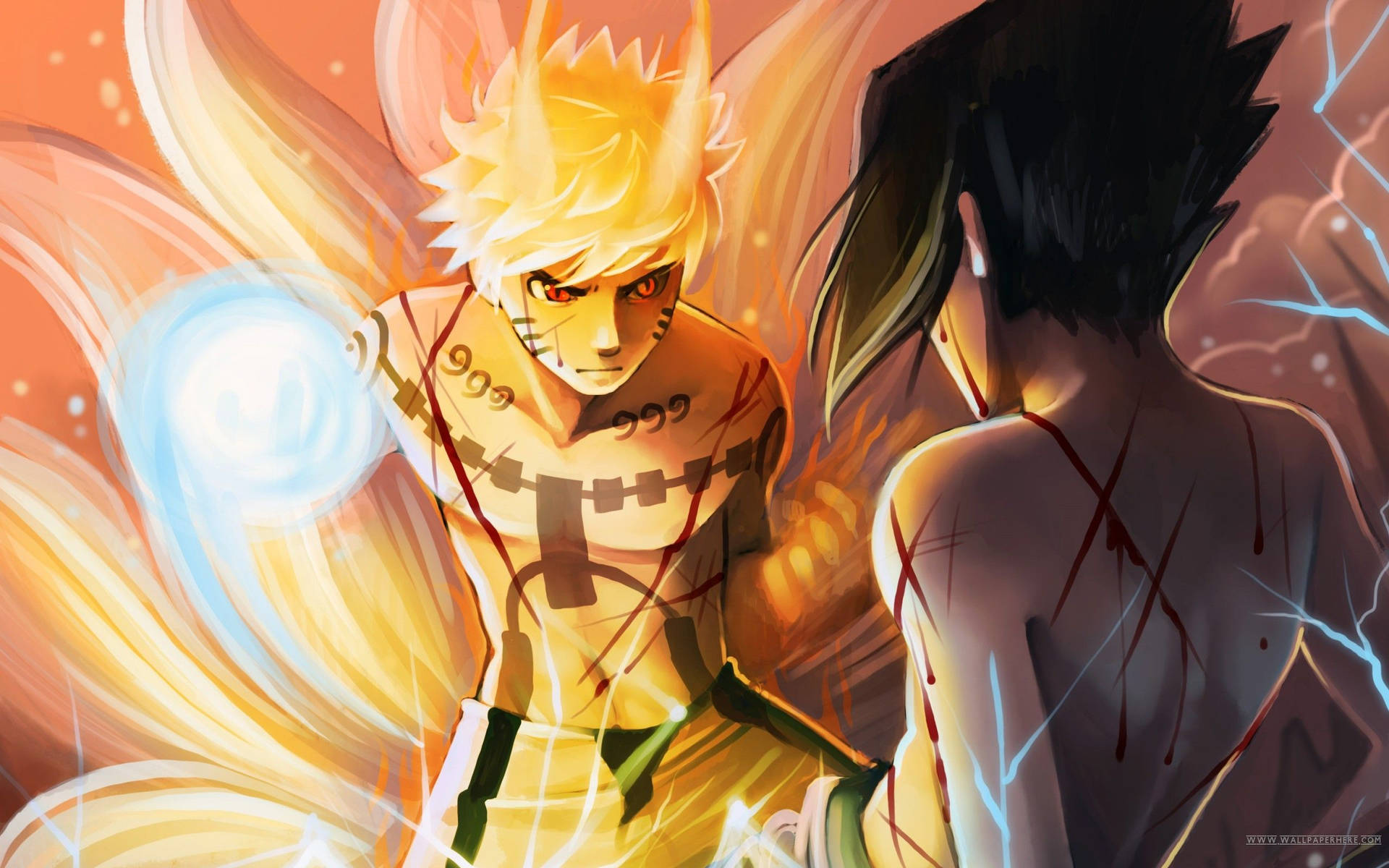 Nine-tailed Naruto And Sasuke Battle Background