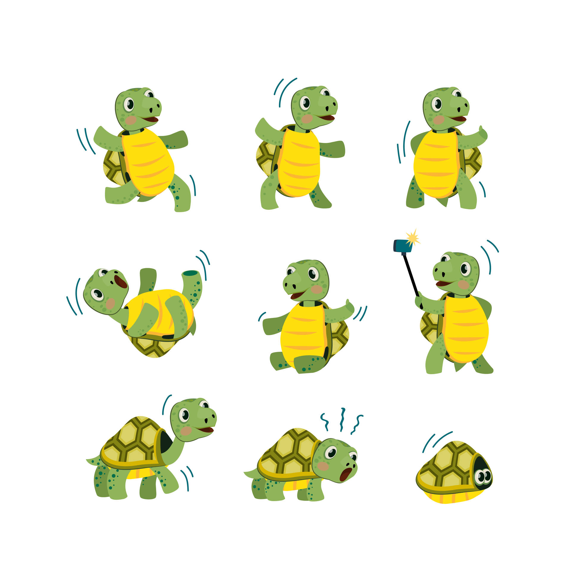 Nine Yellow Green Cartoon Turtles Background