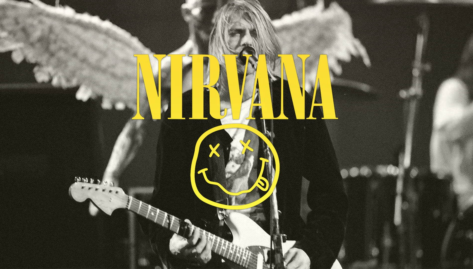 Nirvana Band Smiley Logo Featuring Kurt Cobain Background