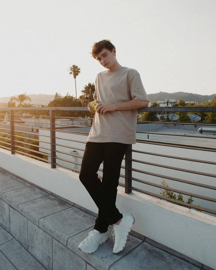 Noah Schnapp Leaning On Railing Background