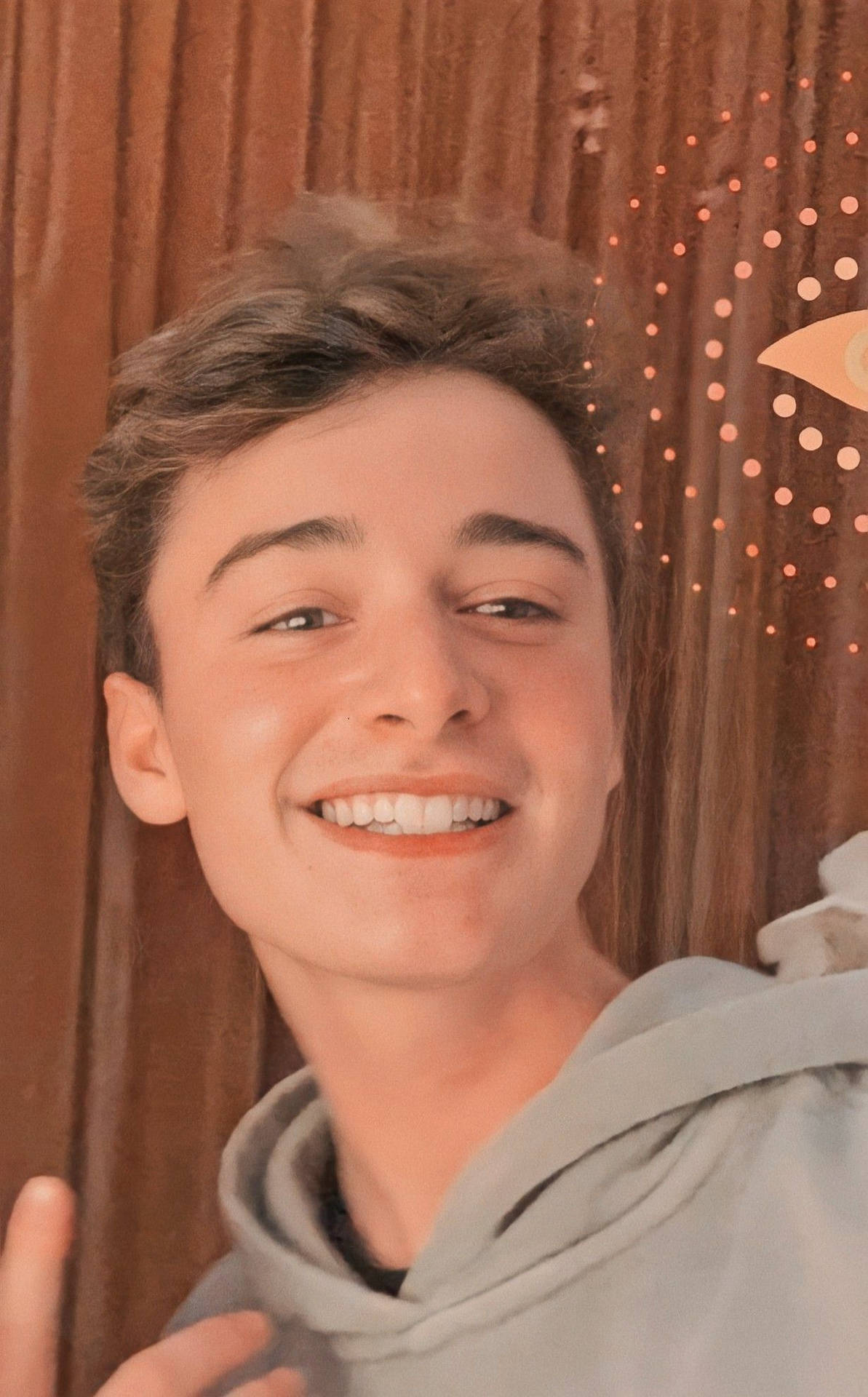 Noah Schnapp Selfie Wearing Gray Hoodie Background