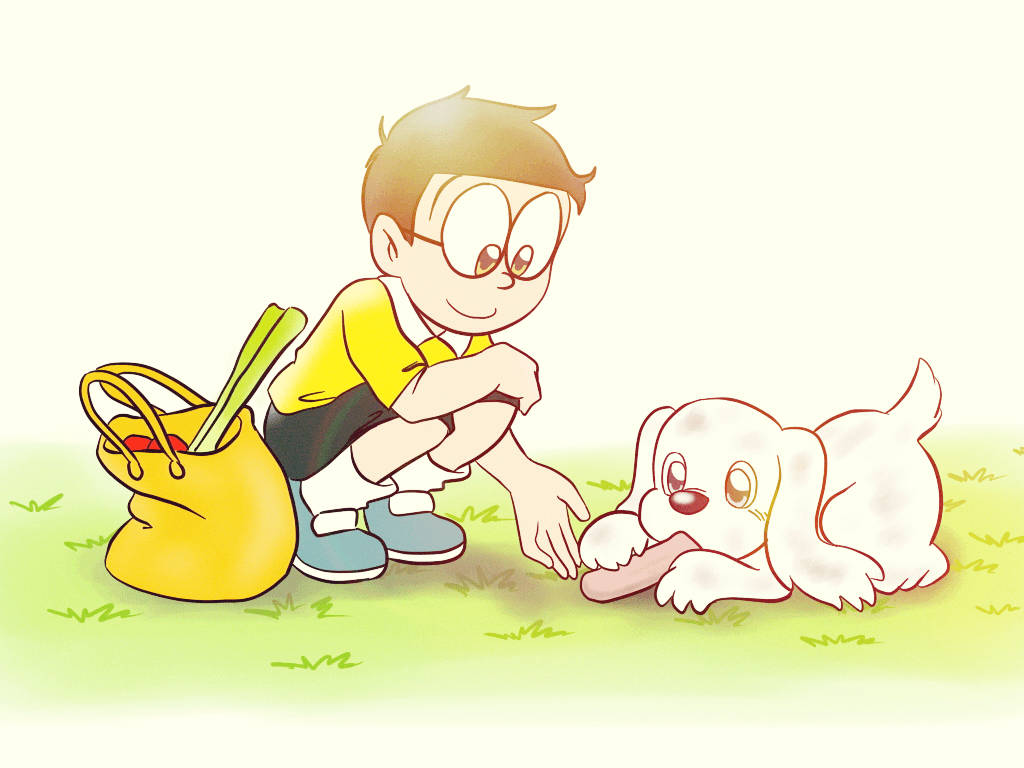 Nobita Feeding A Cute Puppy Background