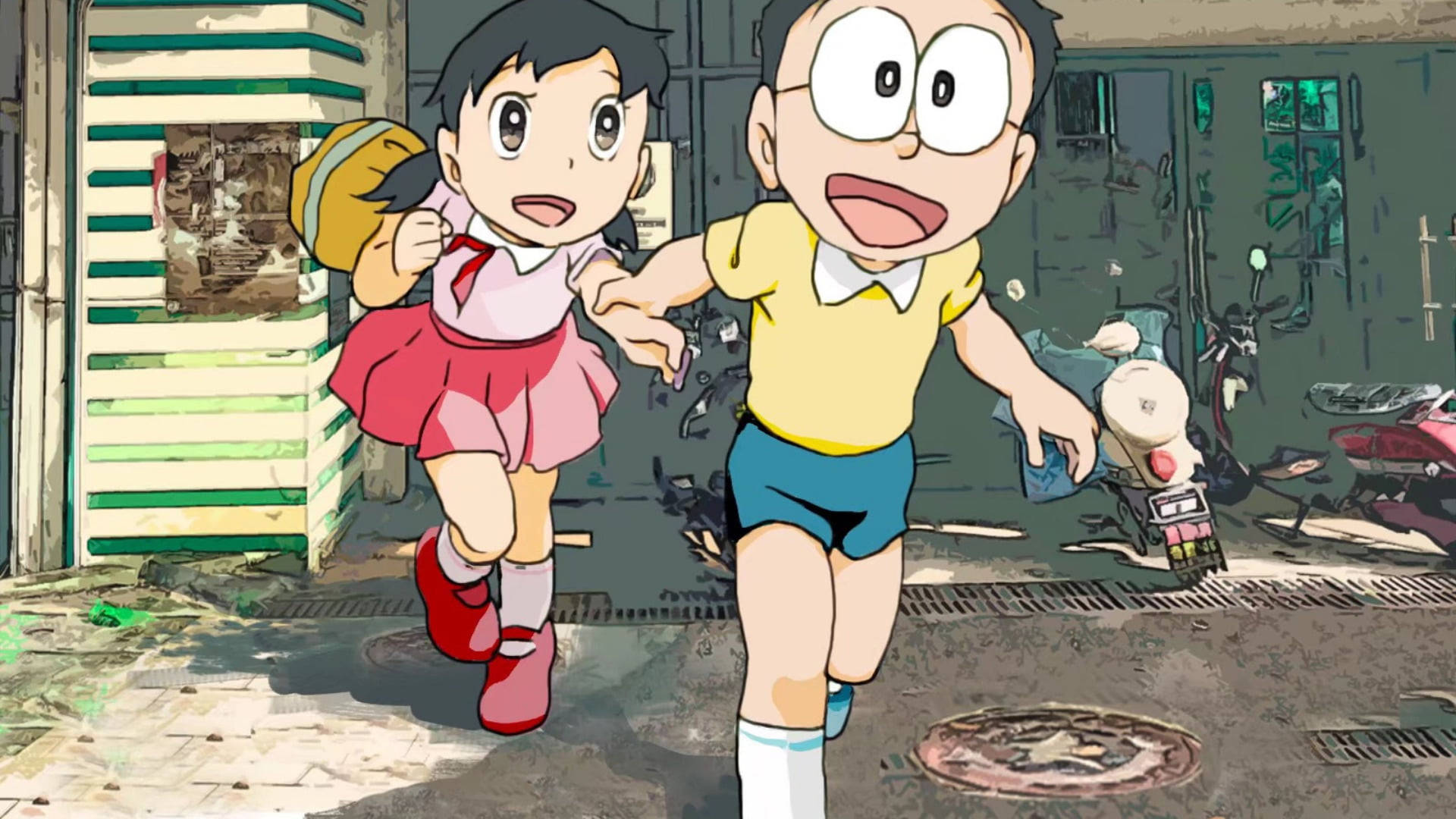 Nobita Grabbing Shizuka's Arm Background
