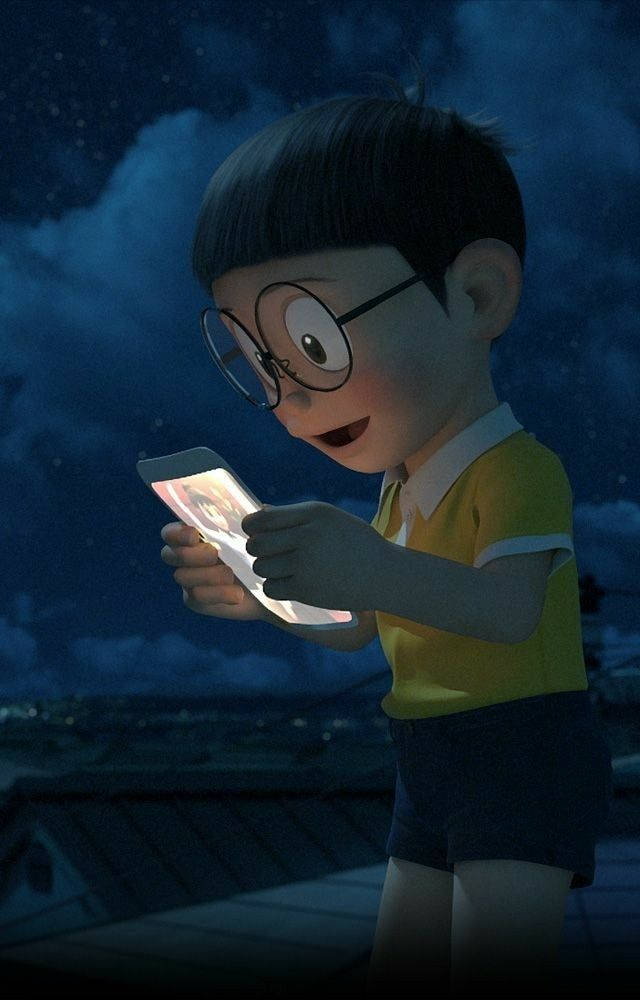 Nobita Looking At His Phone Background
