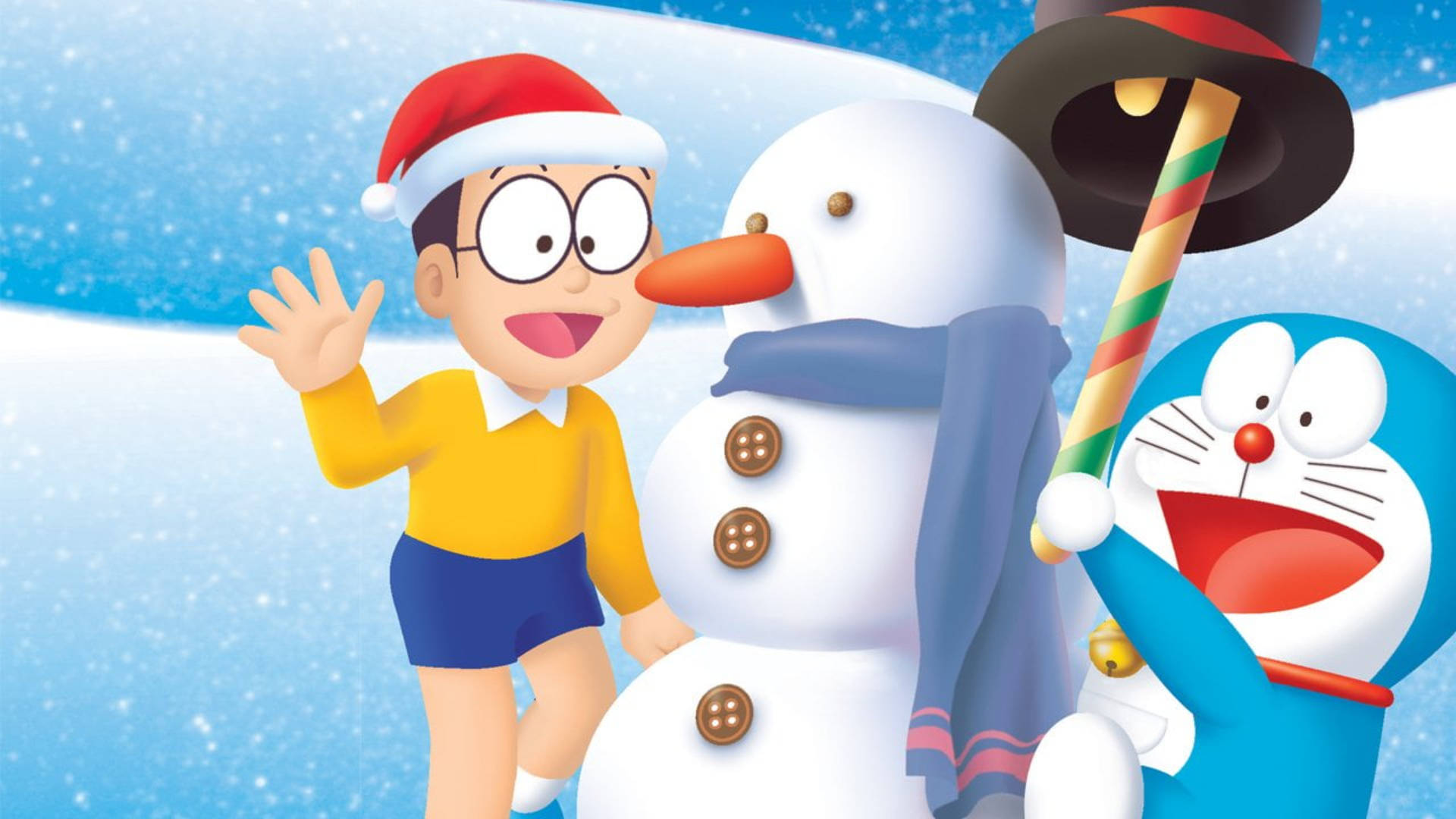 Nobita With Doraemon And A Snowman Background