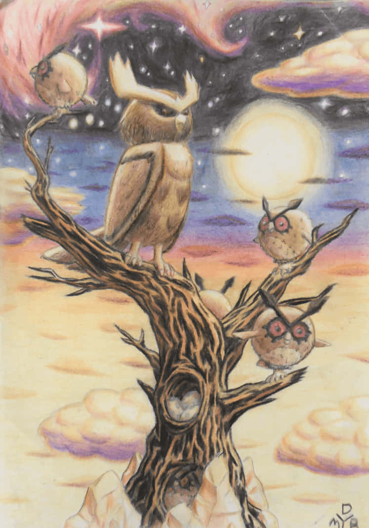 Noctowland Hoothoot Nighttime Gathering Background