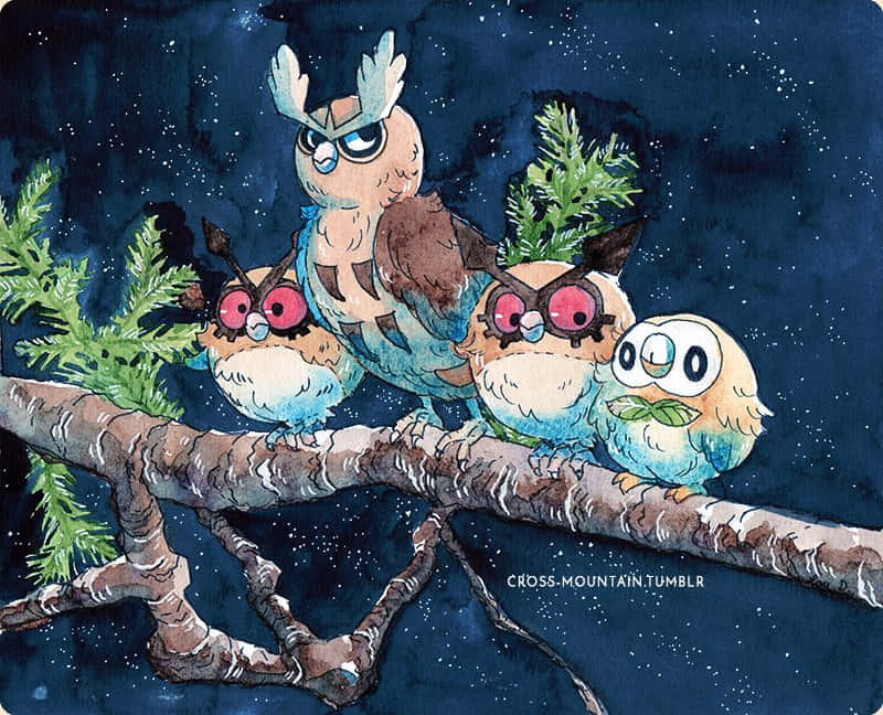 Noctowland Rowlet Family Illustration Background