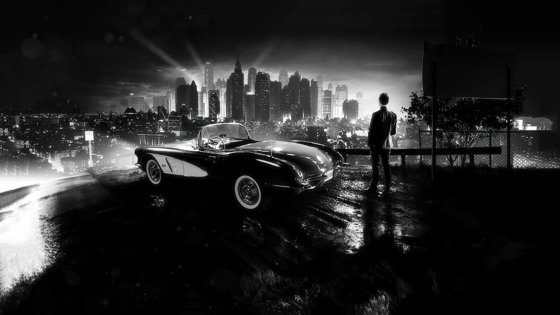 Noir Cityscapewith Classic Carand Man Background
