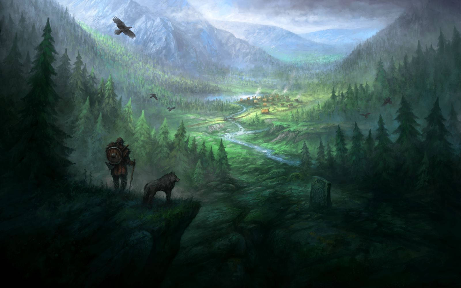 Norse And A Wolf On Grassland Background