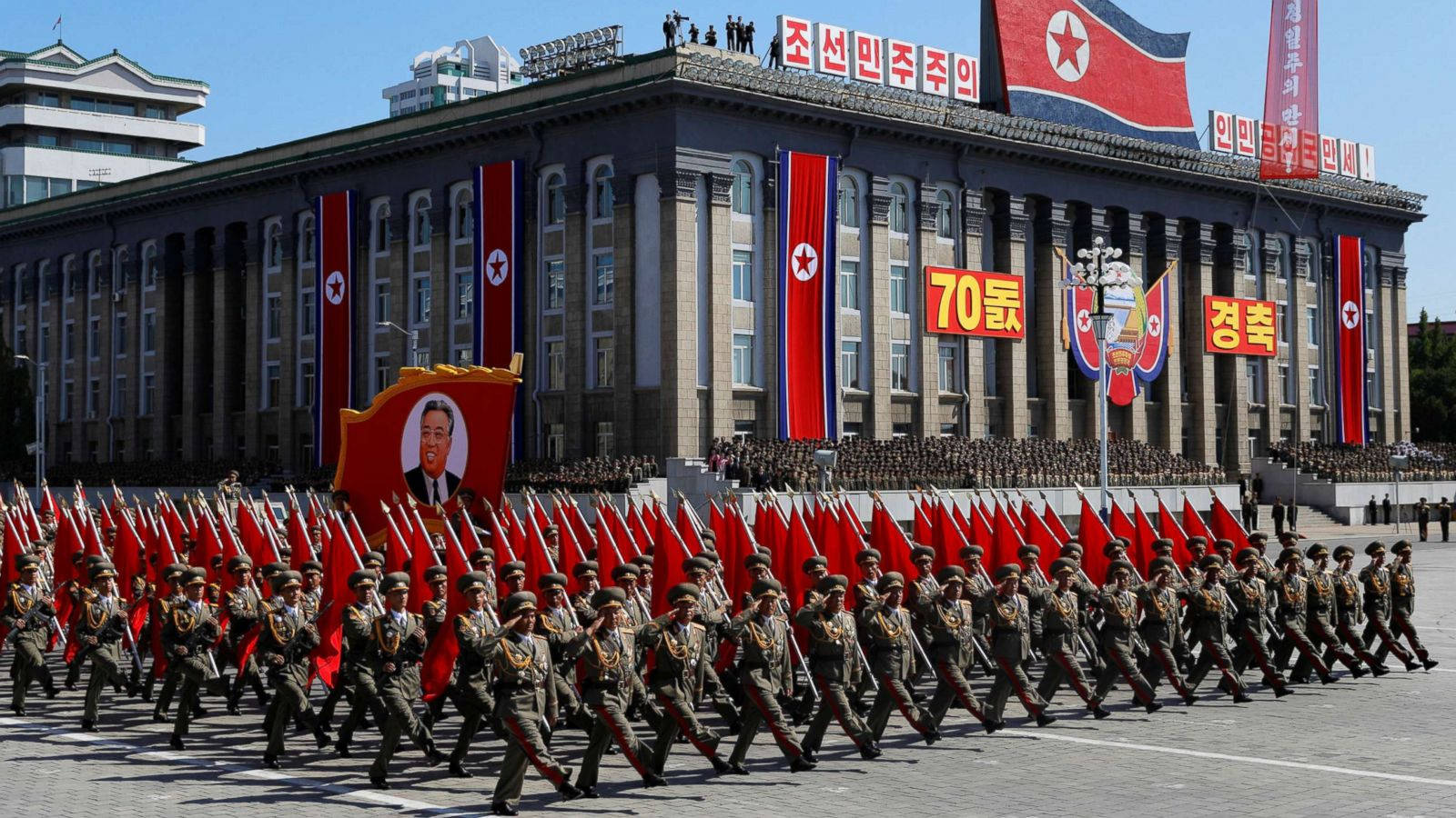 North Korea Soldiers Marching With Flags Background