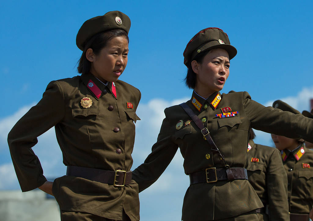 North Korea Women Soldiers In Uniform Background