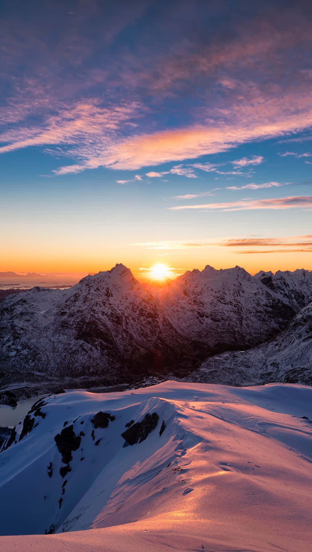 Norway Snowy Mountains Sunset View Background